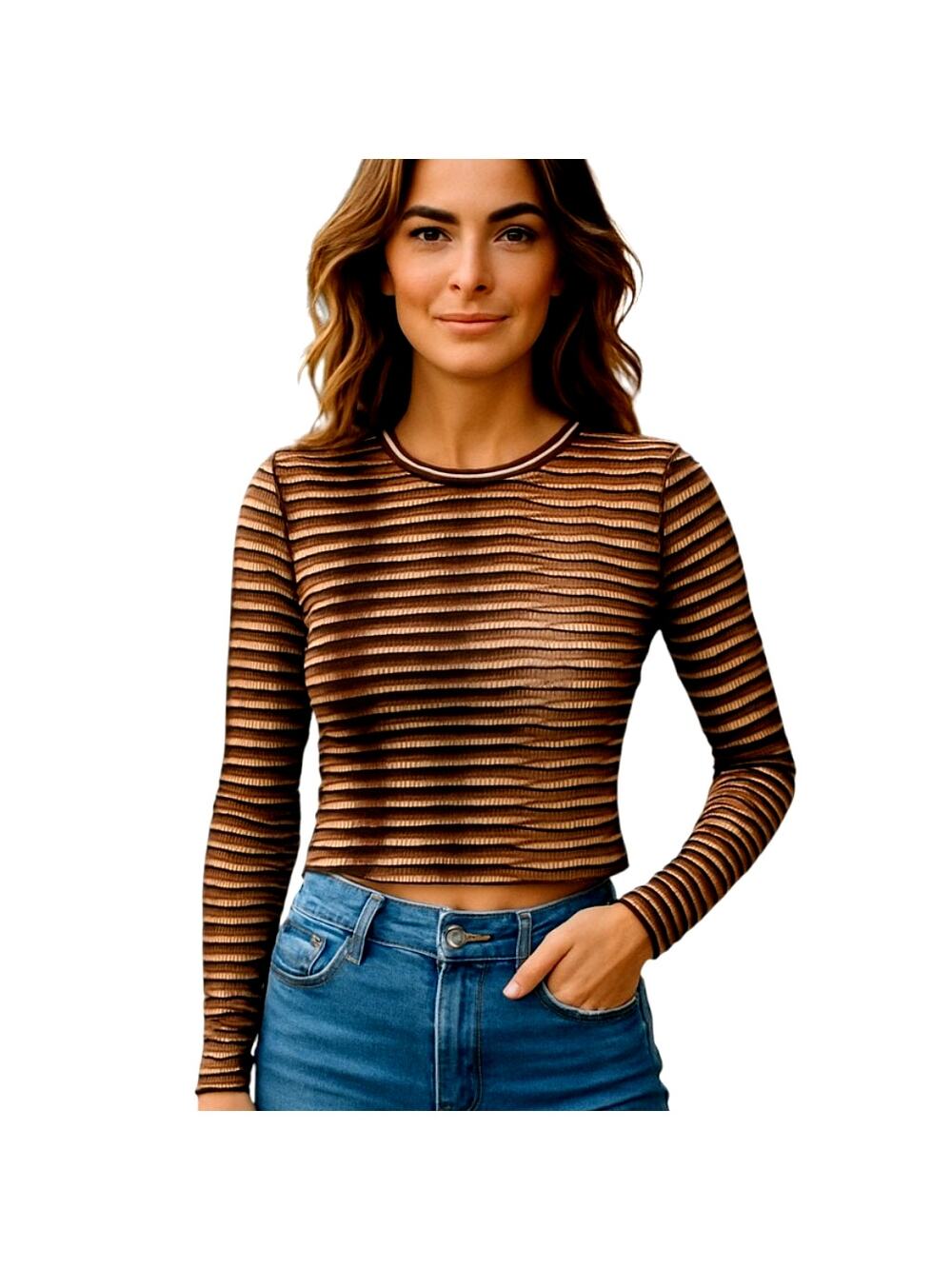 Shein Medium Brown Women's Long Sleeve Crop Top Shirt Blouse Miss Size 8 10 M